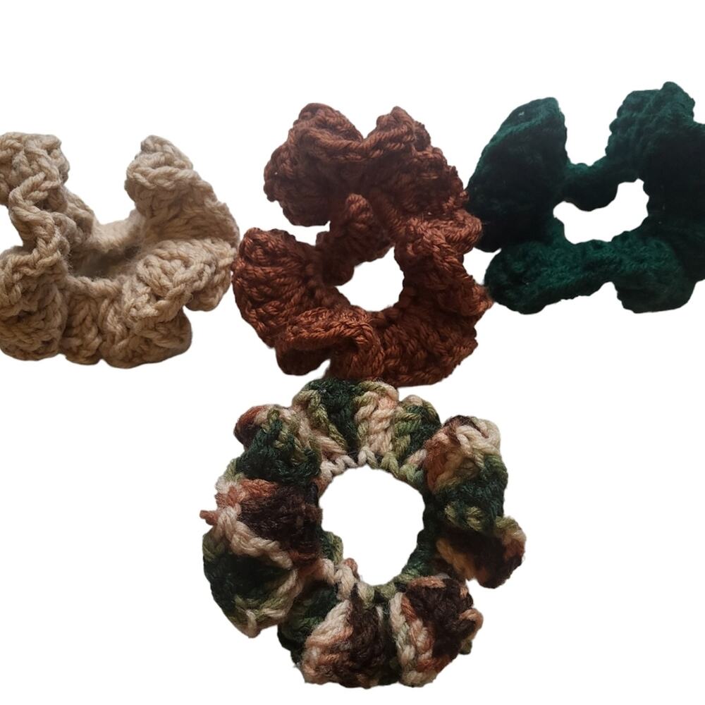Handmade crochet forest scrunchie quad